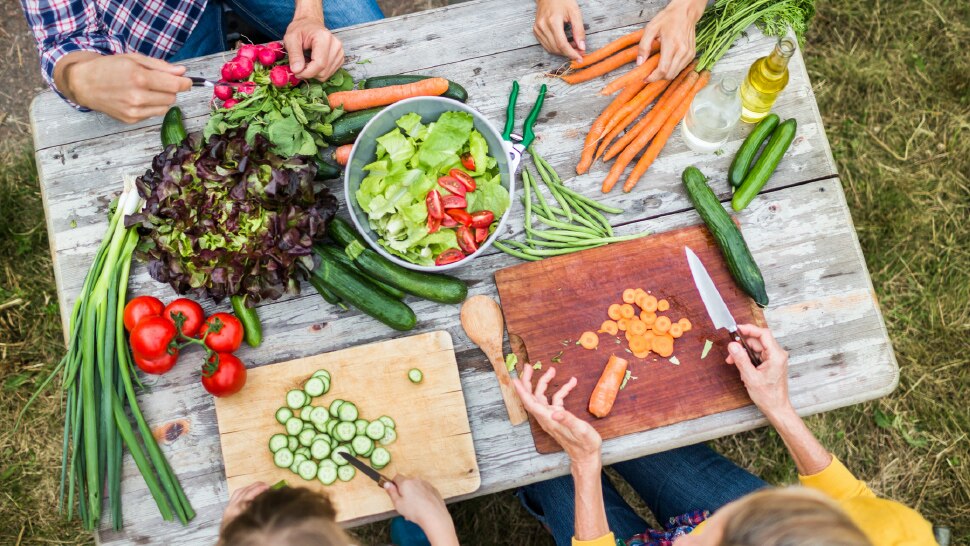 Familie kocht gesundes Essen in der Natur - Famille cuisine un repas sain dans la nature