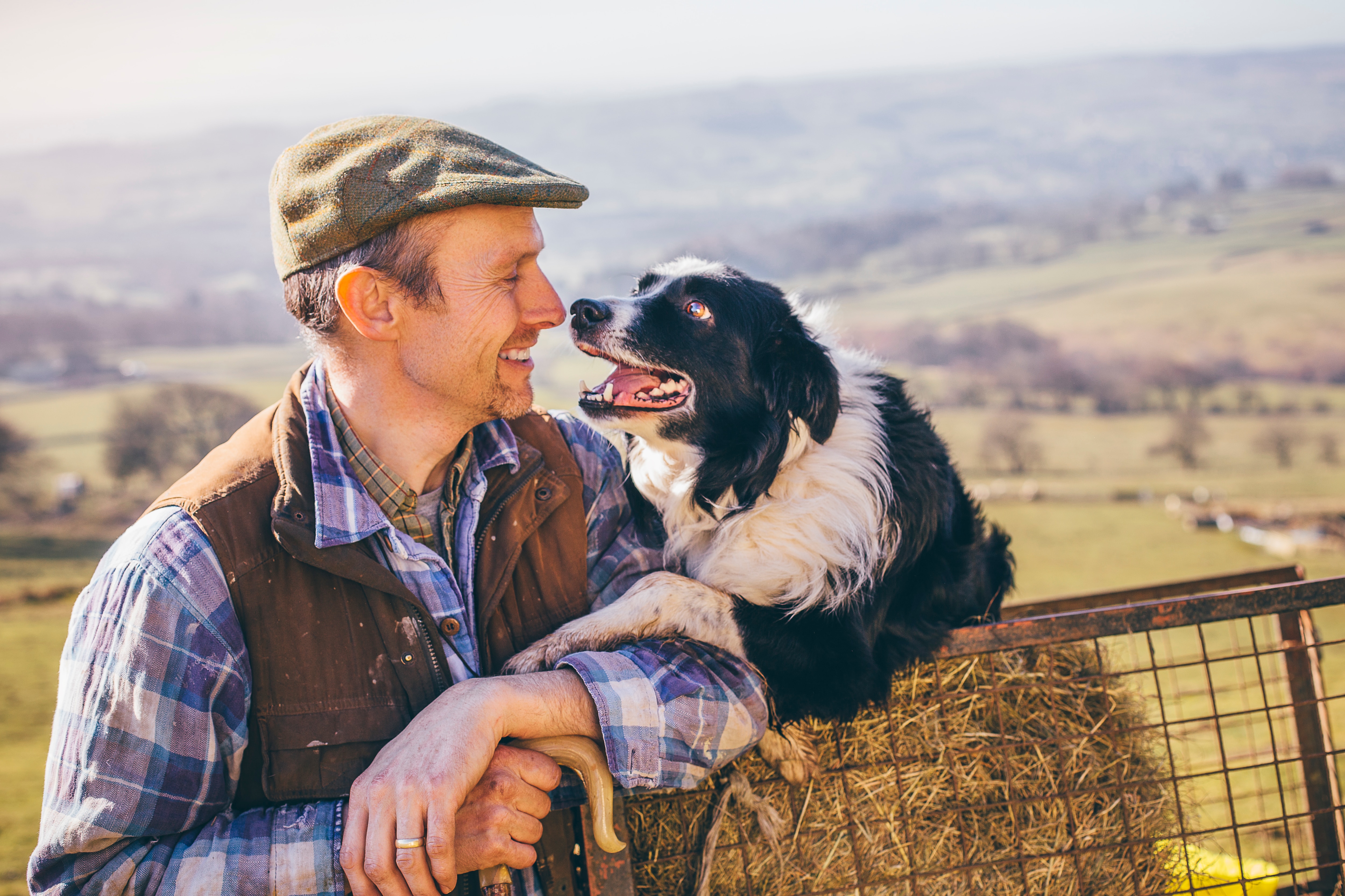 Farmer looking at his dog