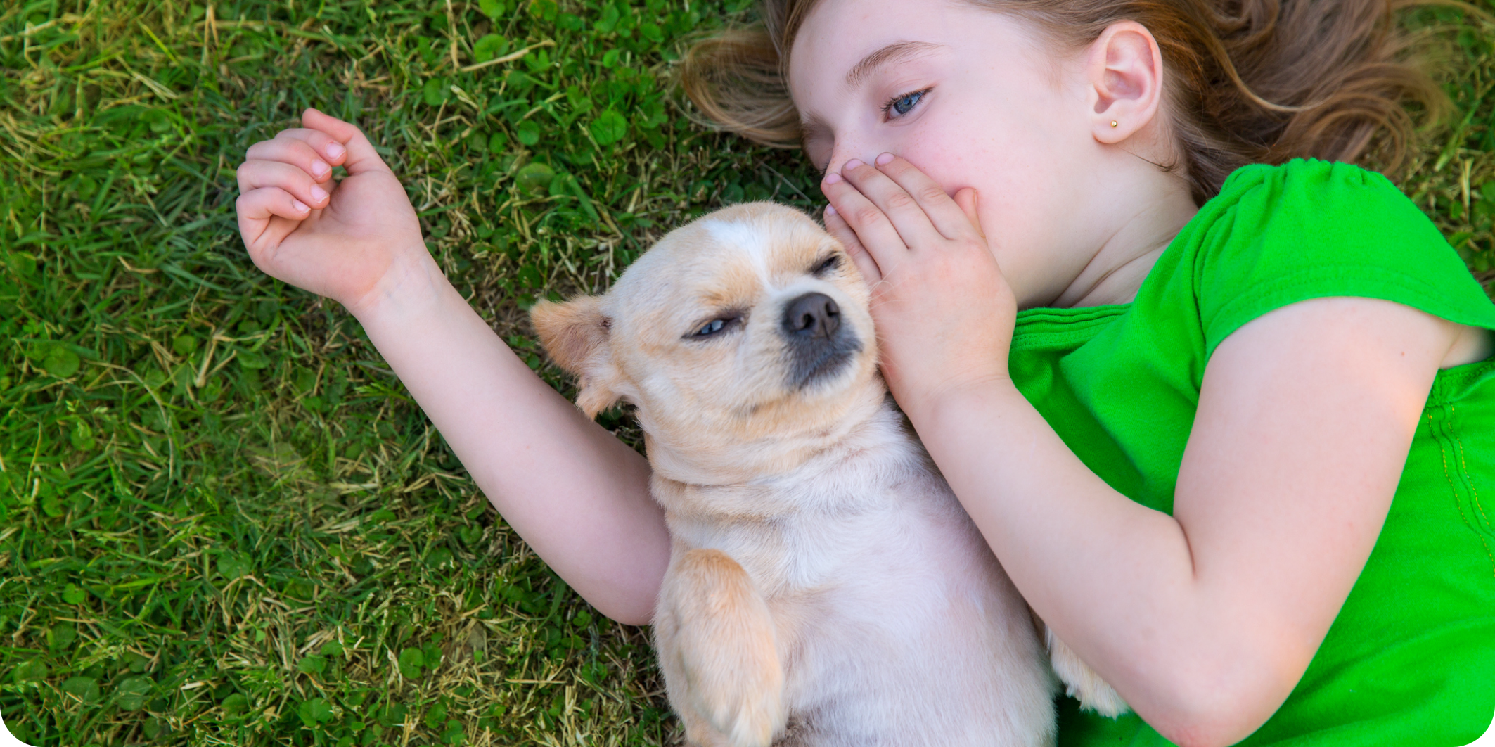 Kind mit Hund auf einer Wiese