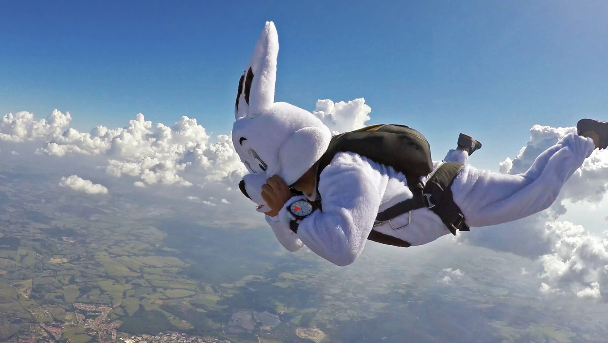 Ostern_im_Anflug.png Person im Osterhasen Kostüm im freien Fall