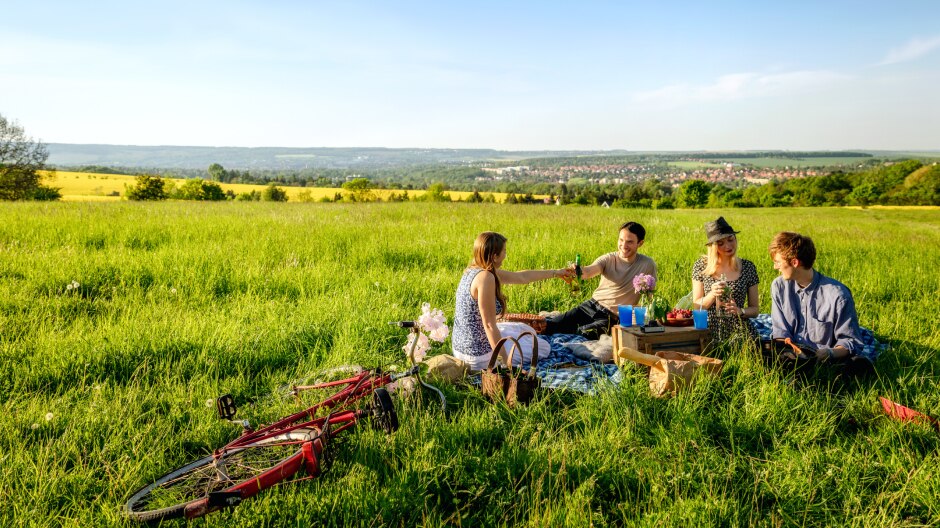 Freunde sitzen zusammen beim Picknick