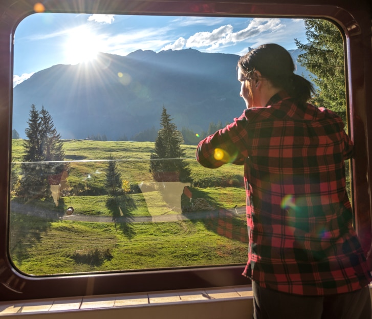 Frau schaut im Zug aus dem Fenster