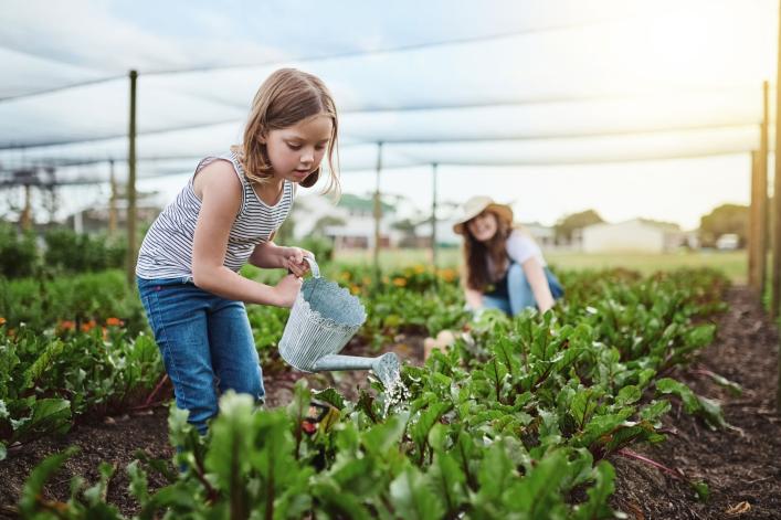 Fillette qui arrose des plantes dans le jardin