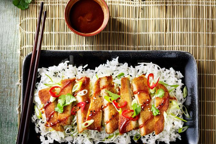 Tonkatsu-style Sensational Schnitzel with rice