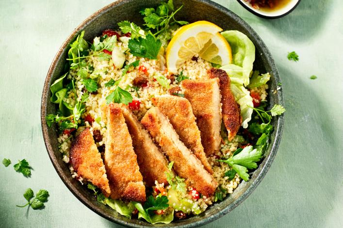 Couscous veggie and herb salad with Sensational Schnitzel Couscous veggie and herb salad with Sensational Schnitzel
