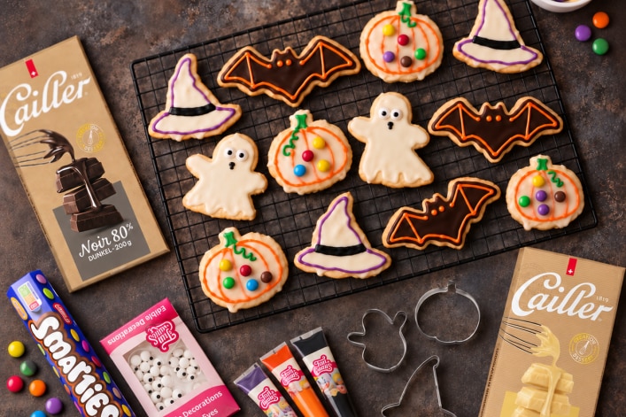 Halloween-Kekse mit Cailler Dessert Schokolade