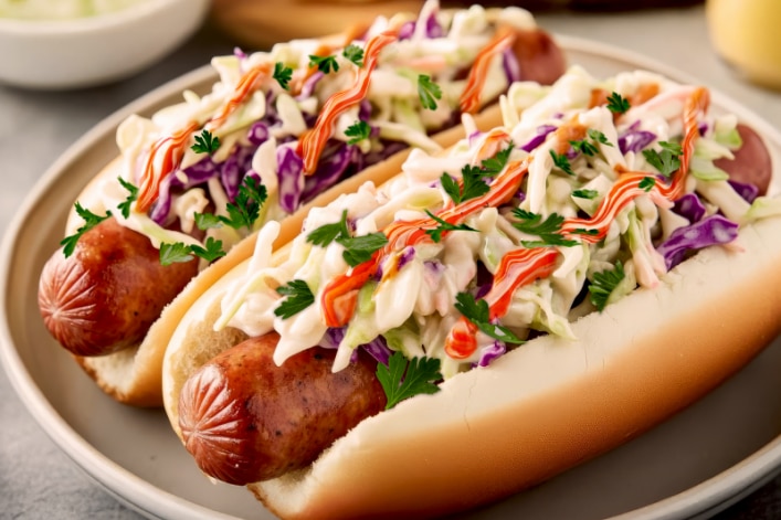Hot-dogs Sriracha & Mayo avec coleslaw asiatique