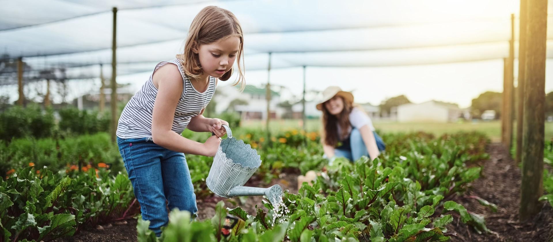 Mädchen, das im Garten Pflanzen giesst