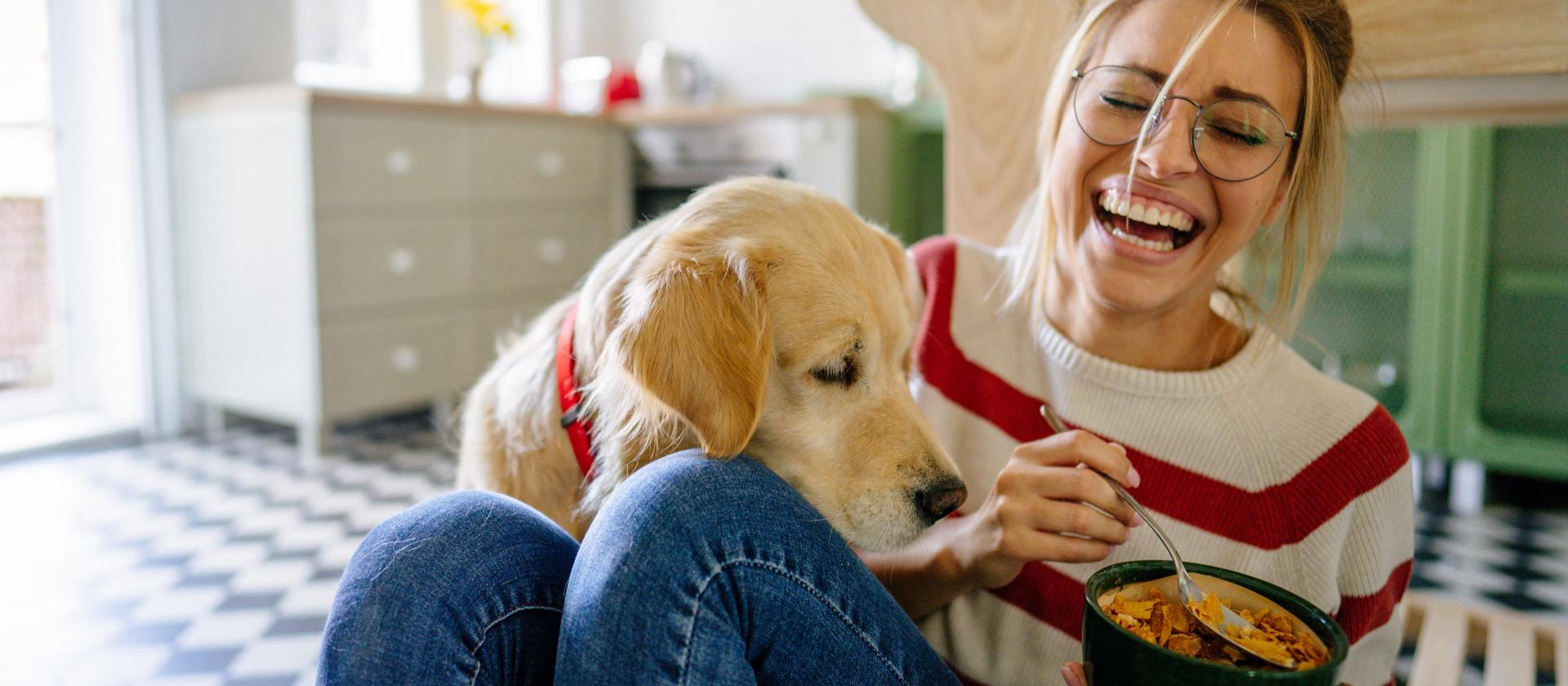 Hund neben Person mit grünem Essensschüssel