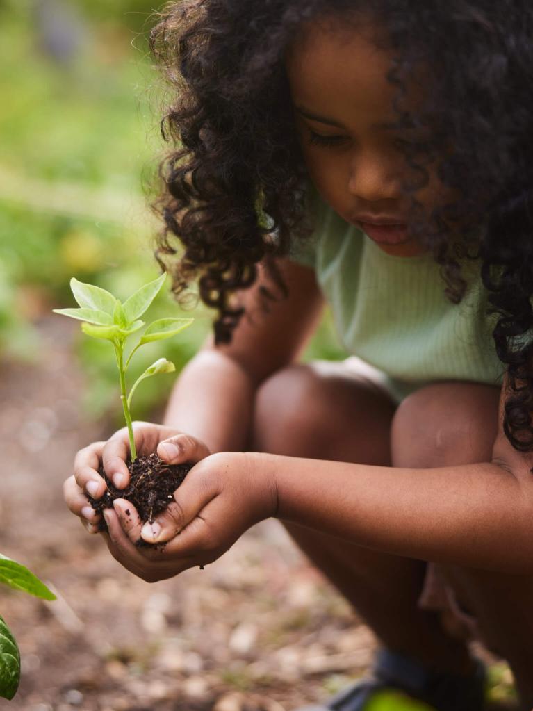 Ein kleines Mädchen pflanzt zusammen mit ihrem Vater ein Setzling im Familiengarten
