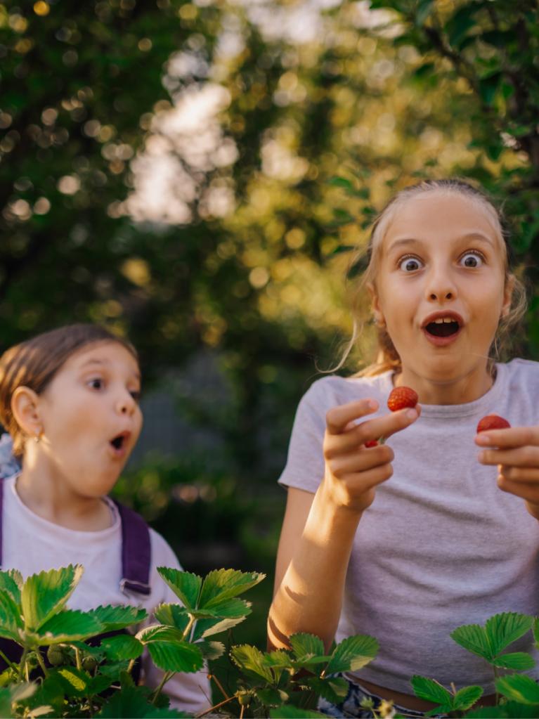 Kinder schauen Erwartungsvoll mit Obst in der Hand in die Kamera