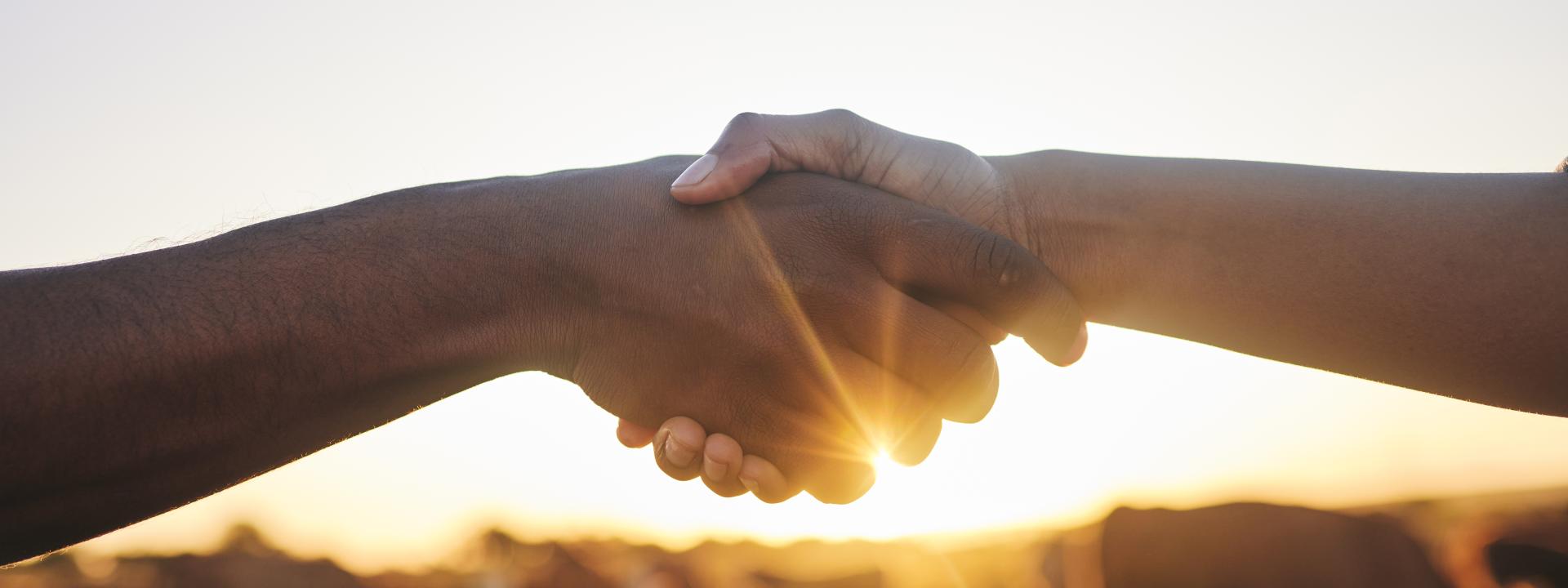 Ein Handschlag in einem Feld bei Sonnenuntergang.