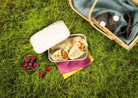 Wraps und Beeren in Lunchbox auf Gras