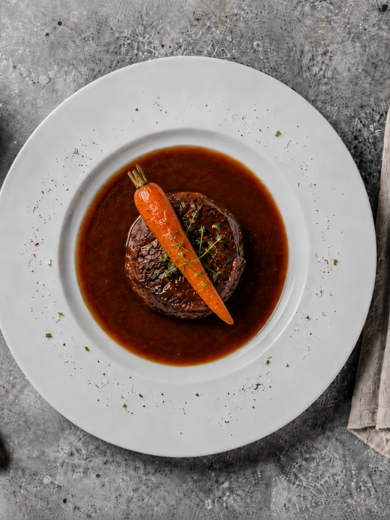 Bœuf braisé à l’Aceto Balsamico IGP, nuage de pommes de terre et carottes rôties au café