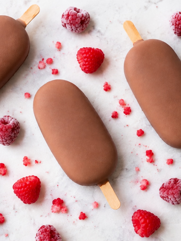 Glace au coulis de framboises enrobée de chocolat au lait