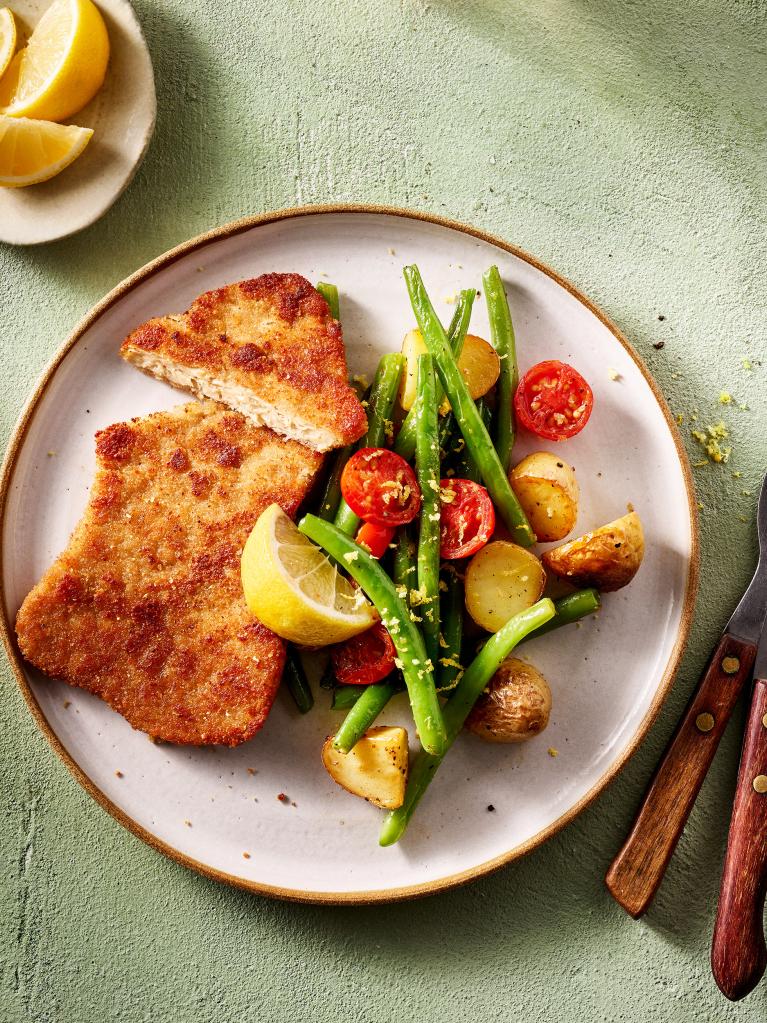 Vegan Schnitzel with Veggies and Baby Potatoes