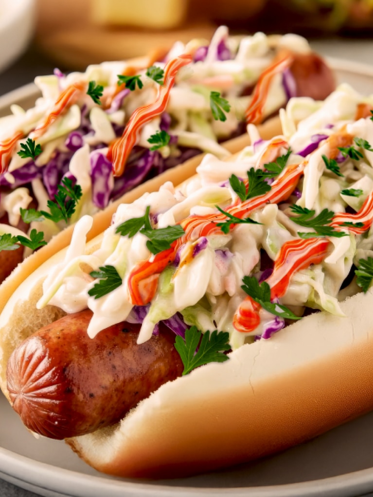 Hot-dogs Sriracha & Mayo avec coleslaw asiatique